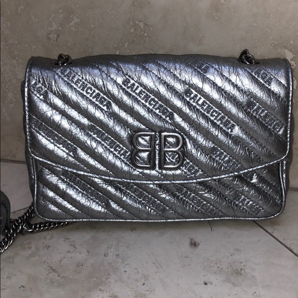 Balenciaga Wallet on Chain Metallic Silver Leather
